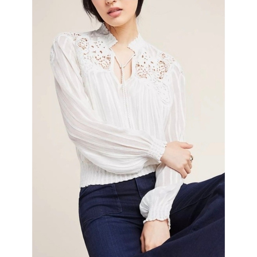 Anthropologie White Lace Yoke Peasant Top Size 0 Romantic Cottagecore Victorian